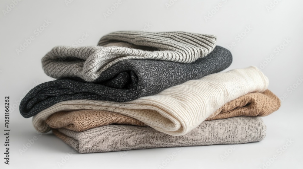 Stack of folded knitted sweaters lying on white background Stack of folded knitted sweaters lying on white background