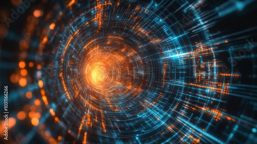 abstract representation of a swirling data tunnel, featuring glowing blue and orange patterns that suggest high-tech digital movement.