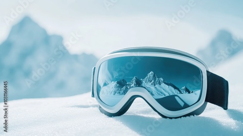 Ski goggles resting on snow reflecting mountain peaks