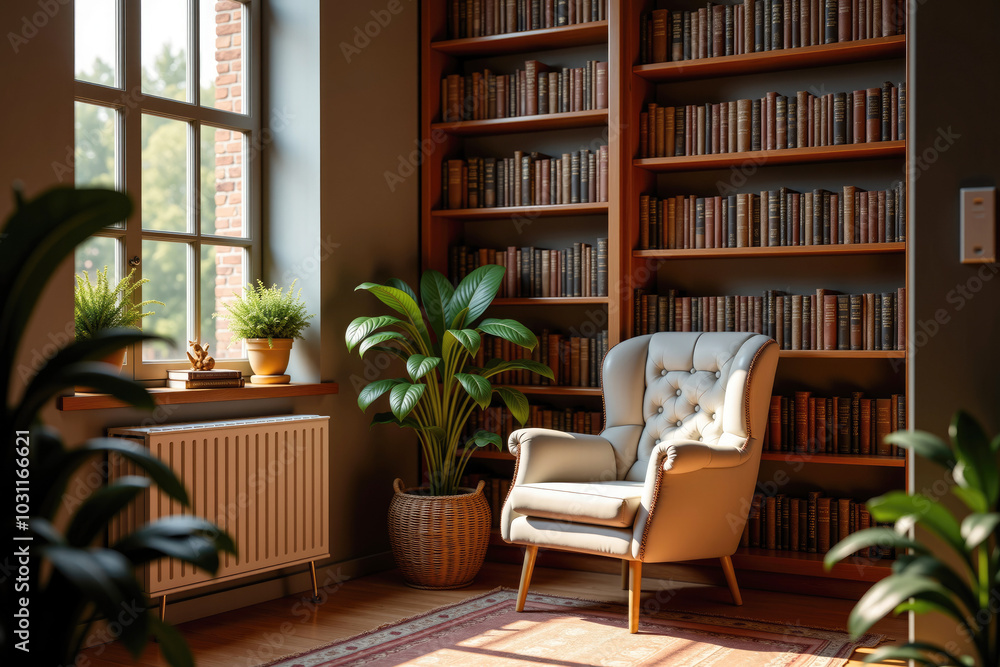 Sunlight illuminating home office with plants and bookshelves Sunlight illuminating home office with plants and bookshelves