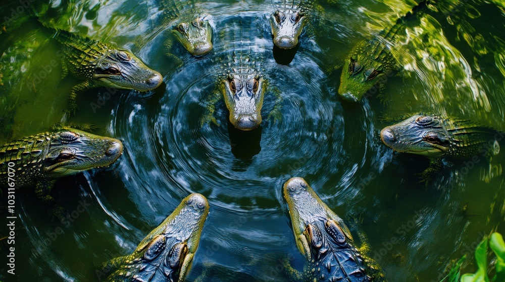 Fototapeta premium Majestic American Alligators in Circular Formation from a Top-Down View, Showcasing Graceful Curves and Symmetry