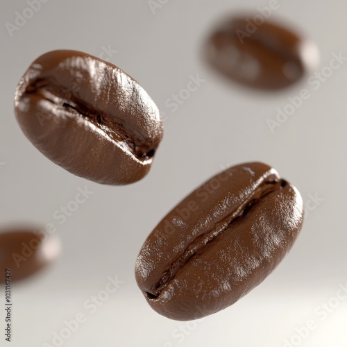 Roasted Coffee Beans in Free Fall Levitation, Isolated on White Background, Close-up View,