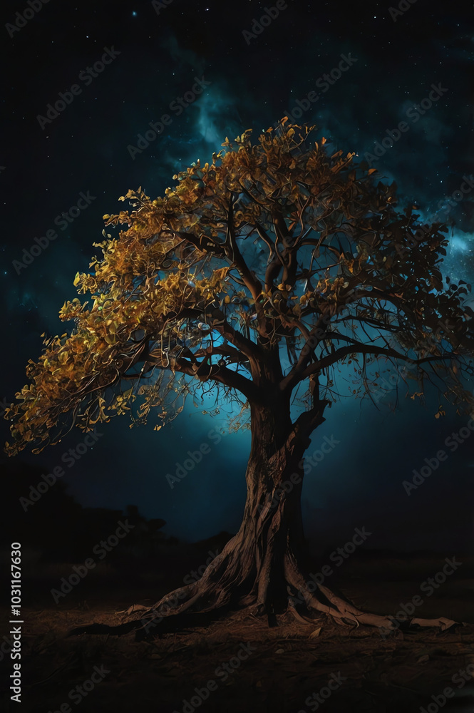 A luminous magical tree glowing in the night, spreading colorful light throughout its surroundings and crafting a whimsical and enchanting natural scene A luminous magical tree glowing in the night, spreading colorful light throughout its surroundings and crafting a whimsical and enchanting natural scene