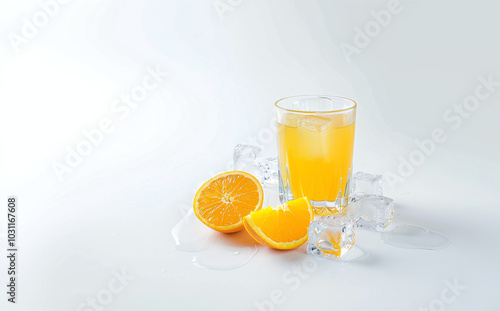 Glass of orange juice with ice on white background. Banner template for advertising superwoods, summer drinks, seasonal menu and morning vigor with space for text.