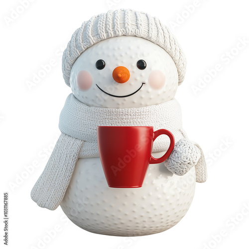 Cute 3D Snowman in Cartoon Style with Red Coffee Cup on Transparent Background