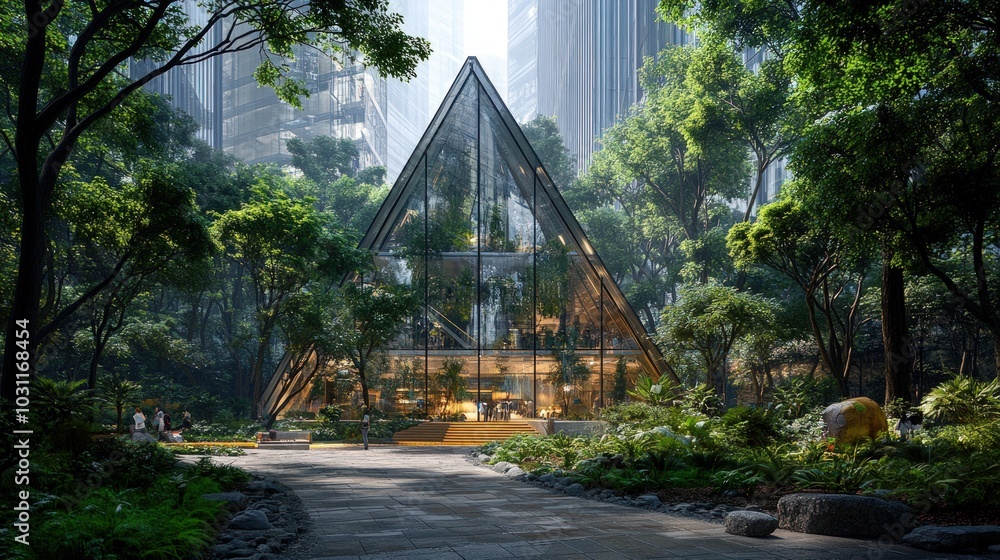 Fototapeta premium A modern triangular glass building nestled amongst lush greenery in an urban setting.