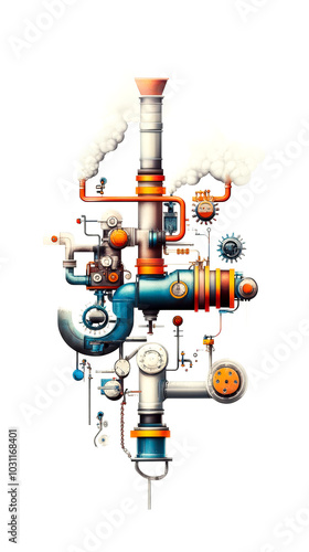 An intricate, colorful illustration of a piping system featuring various valves and mechanical components against a white background. photo