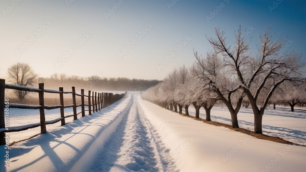 Snow-covered country road lined with bare trees and wooden fence in a rural winter landscape Snow-covered country road lined with bare trees and wooden fence in a rural winter landscape