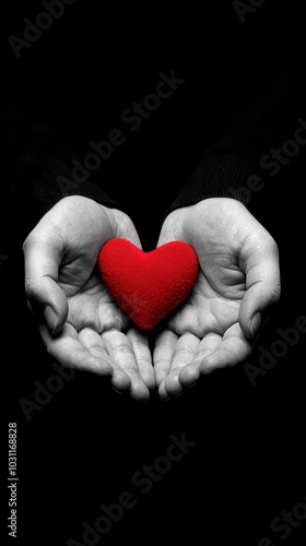 Hands holding a red heart, black background