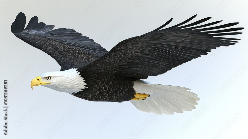 Naklejka premium A Bald Eagle in flight, wings spread wide, against a white background.