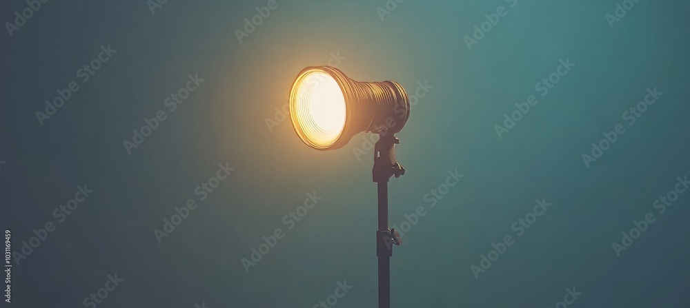 Lighted Studio Light On Tripod Against Blue Background, Photography Equipment And Lighting Lighted Studio Light On Tripod Against Blue Background, Photography Equipment And Lighting