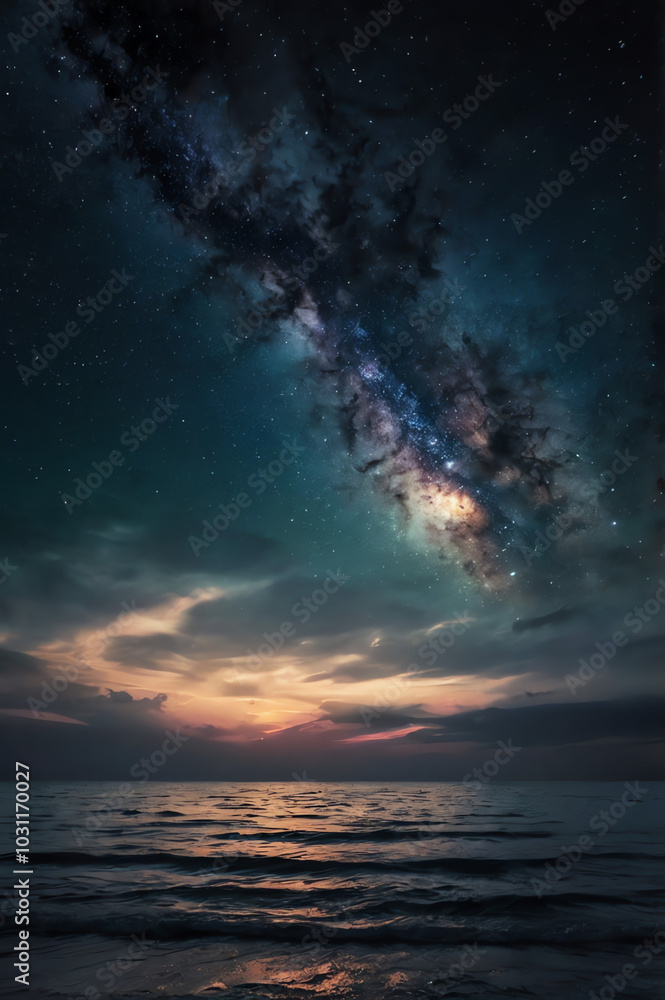 A mesmerizing sunset over the sea, with a starry night sky and distant galaxy already visible, reflecting off the clear ocean water, creating a serene and captivating nature backdrop A mesmerizing sunset over the sea, with a starry night sky and distant galaxy already visible, reflecting off the clear ocean water, creating a serene and captivating nature backdrop
