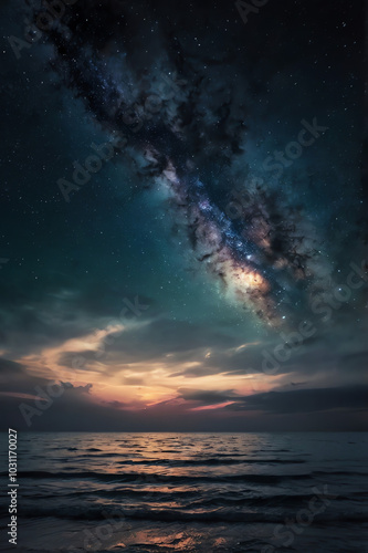 A mesmerizing sunset over the sea, with a starry night sky and distant galaxy already visible, reflecting off the clear ocean water, creating a serene and captivating nature backdrop