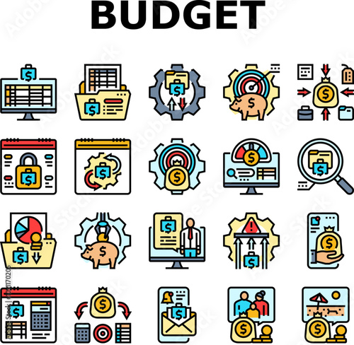 planning budget finance income icons set vector. investment cashflow, management optimization, prioritization tracking planning budget finance income color line illustrations