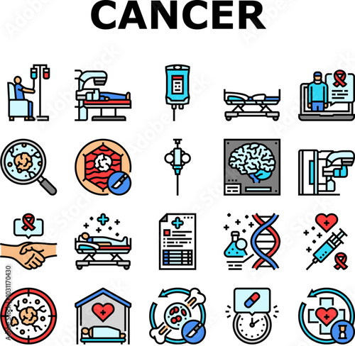 cancer treatment chemotherapy icons set vector. immunotherapy, radiotherapy surgery, oncology biopsy, remission metastasis, tumor cancer treatment chemotherapy color line illustrations photo