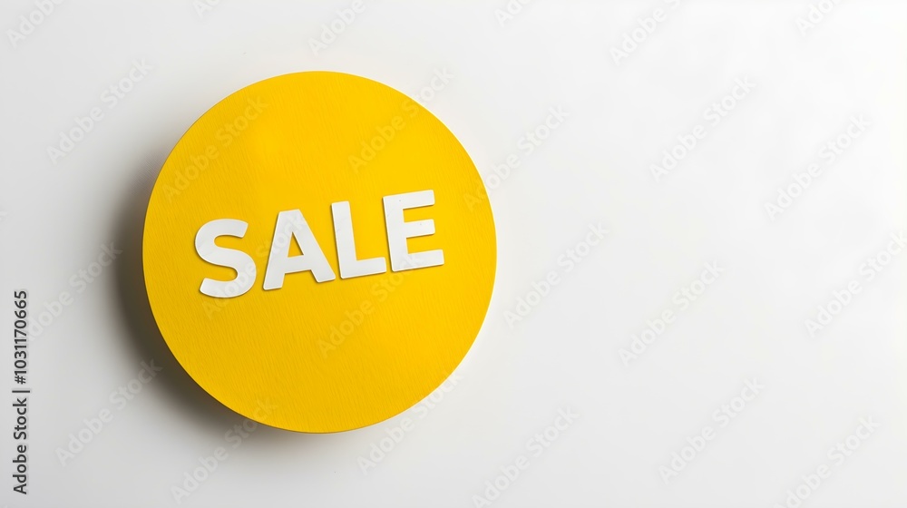 White 'SALE' Text on a Yellow Round Paper Note. White Background with Copy Space White 'SALE' Text on a Yellow Round Paper Note. White Background with Copy Space