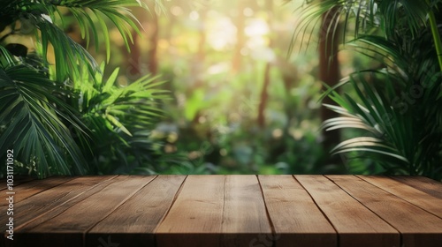 Tranquil forest scene featuring a wooden platform surrounded by lush greenery. Wooden table surface product placement