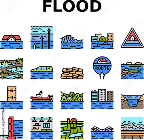 flood water disaster rain icons set vector. river storm, surge inundation, overflow deluge, emergency evacuation, rescue, damage flood water disaster rain color line illustrations