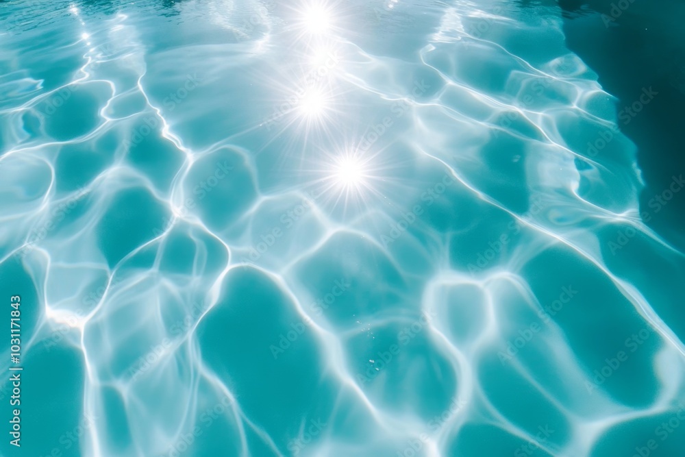 Bright sunlight reflections dance on the clear surface of a refreshing pool as water shimmers under the blue sky Bright sunlight reflections dance on the clear surface of a refreshing pool as water shimmers under the blue sky