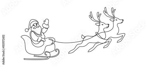 One continuous line drawing of christmas reindeer and Santa Claus. Wild animal deer with antlers is dynamic silhouette in simple linear style. Elegance editable stroke. Doodle vector illustration
