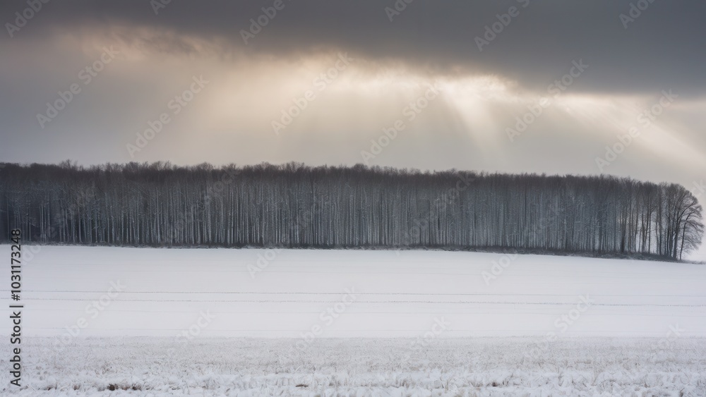 Three large leafless trees in a snowy winter landscape with a dramatic sky Three large leafless trees in a snowy winter landscape with a dramatic sky