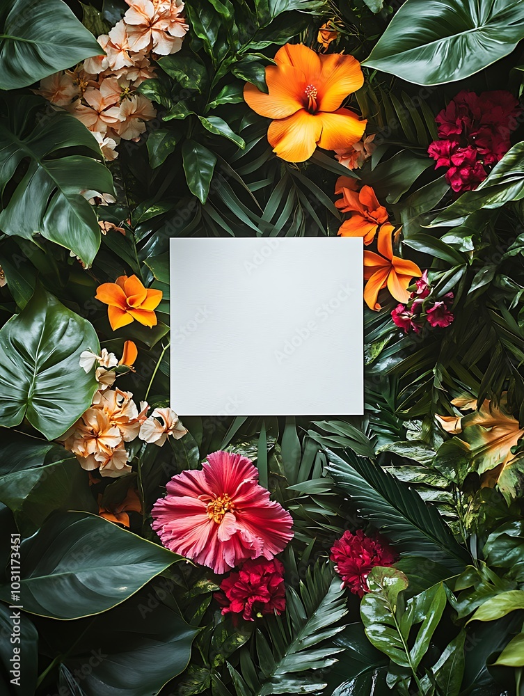A flat lay featuring a minimalist white card in the center of a square arrangement of colorful tropical flowers and lush green leaves. A flat lay featuring a minimalist white card in the center of a square arrangement of colorful tropical flowers and lush green leaves.