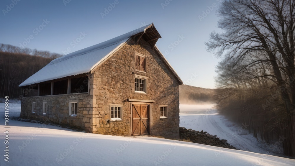 Stone barn in a snowy rural winter landscape during sunrise Stone barn in a snowy rural winter landscape during sunrise