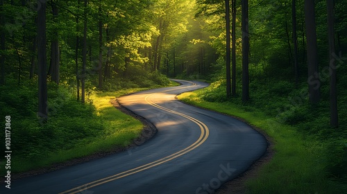 A winding road through a lush green forest with sunlight filtering through the trees.