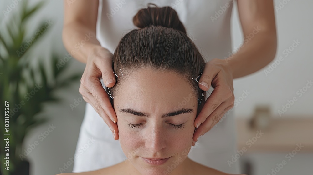 A serene scene depicting a woman receiving a soothing head massage, promoting relaxation and wellness in a calming environment.
