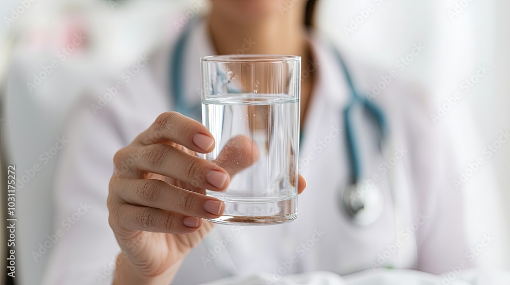 A healthcare professional holds a glass of water, emphasizing hydration and care in a clinical environment. A healthcare professional holds a glass of water, emphasizing hydration and care in a clinical environment.