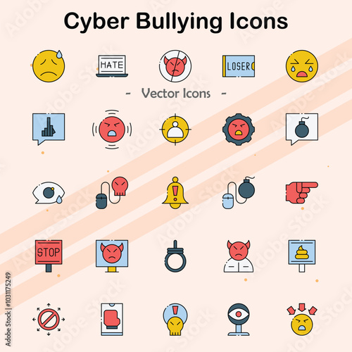 Icons representing cyber bullying and online harassment.