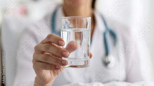 A healthcare professional holds a glass of water, emphasizing hydration and care in a clinical environment.