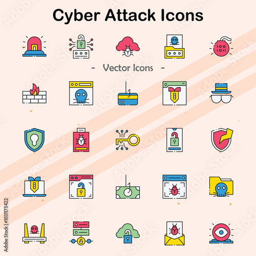 Icons illustrating different types of cyber attacks and security breaches.