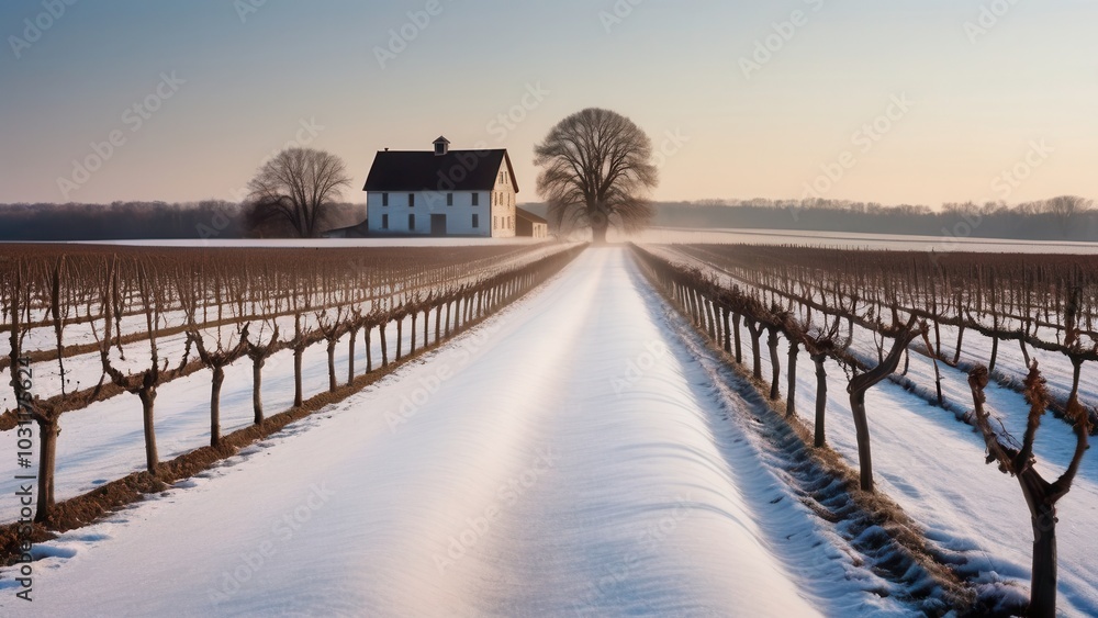 Fototapeta premium A serene Rural winter landscape with a charming farmhouse nestled between snow-dusted fields and neatly arranged vineyards. The soft winter light adds warmth to the cold scene, creating a peaceful and