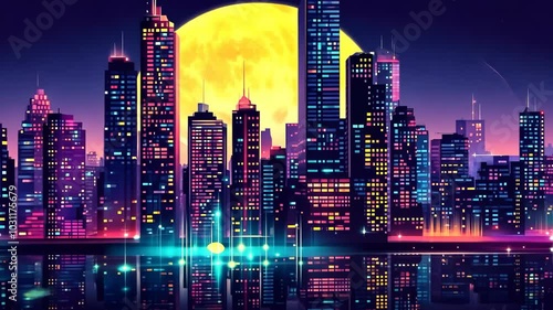 A bright moon shines over a city skyline at night, illuminating the buildings with glowing lights
