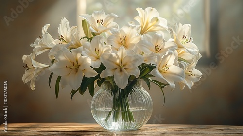 Wallpaper Mural A bouquet of white lilies in a glass vase on a wooden table with a window in the background. Torontodigital.ca