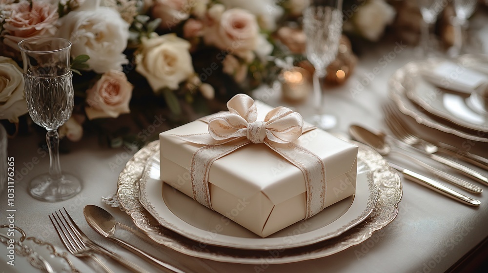 A beautifully wrapped gift box sits on a white plate at a formal dining table setting. A beautifully wrapped gift box sits on a white plate at a formal dining table setting.