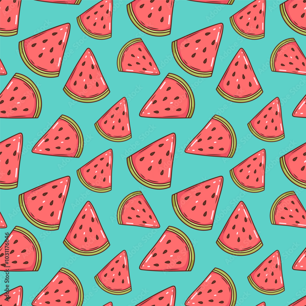 Watermelon vector seamless pattern. Ripe fruit pieces, halved and sliced. Fresh organic fruit illustration on green background for print, fabric, swatch. Healthy vegan food Watermelon vector seamless pattern. Ripe fruit pieces, halved and sliced. Fresh organic fruit illustration on green background for print, fabric, swatch. Healthy vegan food