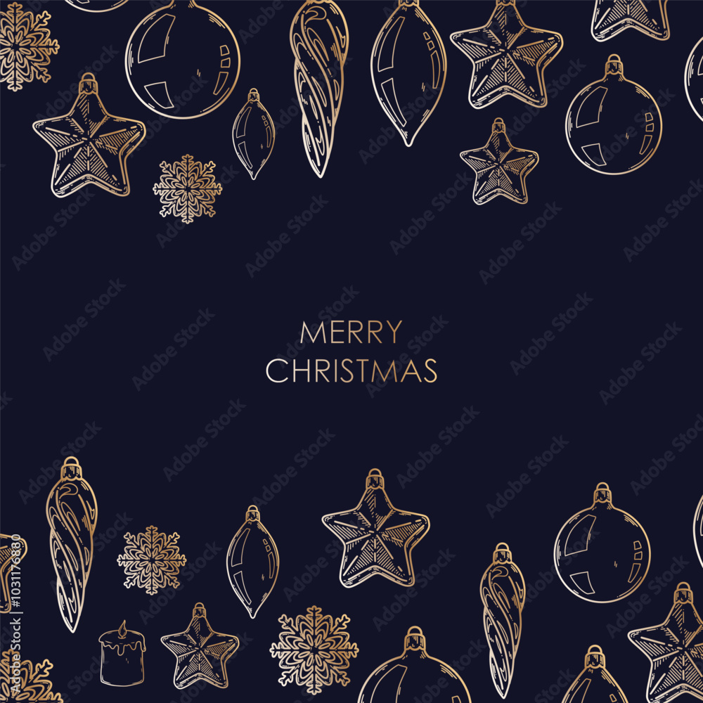 Merry Christmas and Happy New year retro banner template, greeting card. Vector background with christmas fir tree decorations. Star, ball, icicle, snowflake Merry Christmas and Happy New year retro banner template, greeting card. Vector background with christmas fir tree decorations. Star, ball, icicle, snowflake