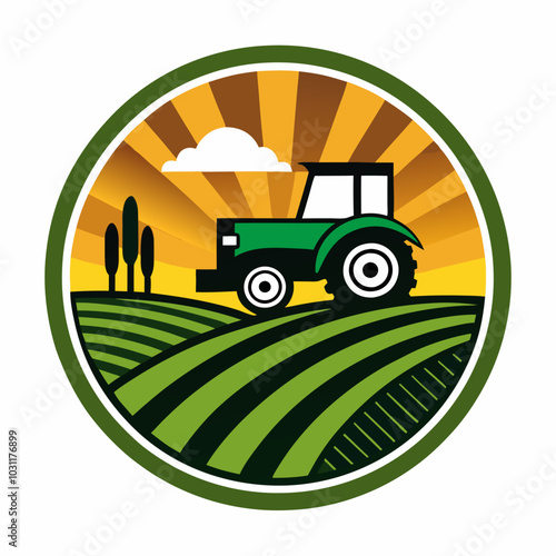 Agriculture Logo with Field Tractor - Vector Icon Illustration