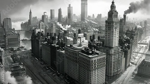 An aerial view of Chicago, Illinois, in the early 20th century, showing tall buildings and a river