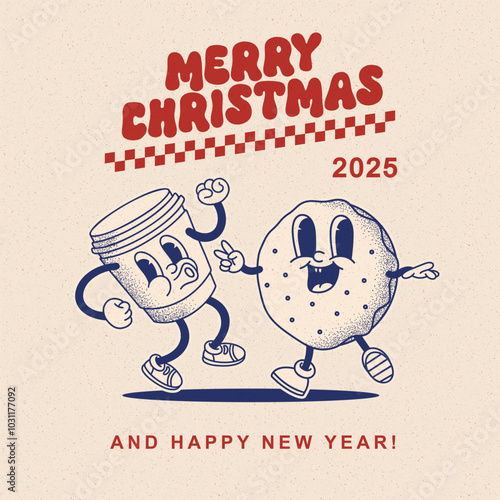 Coffee to go and donut mascot groovy 70s 80s style Chrisrmas and New Year retro poster