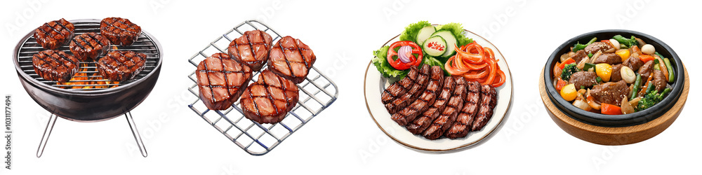A variety of grilled meats displayed on different cooking methods, showcasing appetizing barbecue dishes, including vegetables and sides. A variety of grilled meats displayed on different cooking methods, showcasing appetizing barbecue dishes, including vegetables and sides.