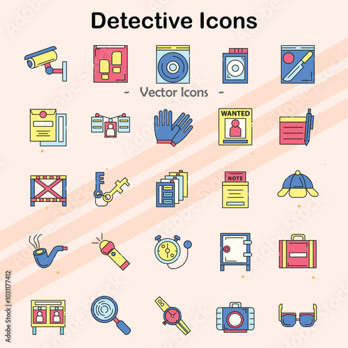 Icons representing detective work and investigation tools.