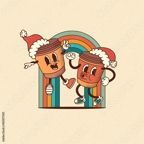 Merry Christmas and Happy New year smiling coffee to go mascot in retro cartoon style poster