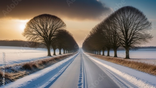 A peaceful Rural winter landscape showcases a straight road cutting through snow-blanketed fields, lined with bare trees. The stillness of the winter day and the warm glow of the fading light highligh