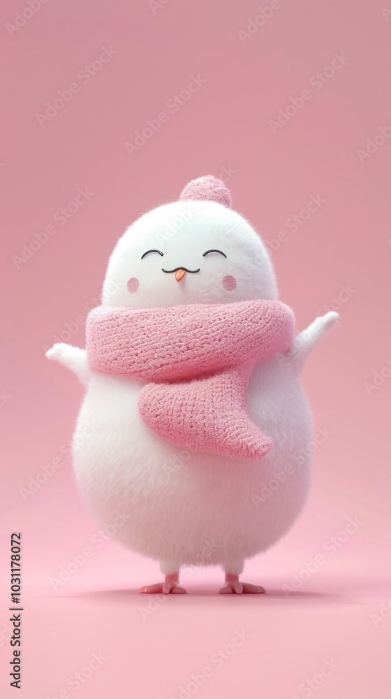 Cute snowman character wearing a pink scarf and hat, cheerful expression on a pink background, ideal for winter themes and children s illustrations Cute snowman character wearing a pink scarf and hat, cheerful expression on a pink background, ideal for winter themes and children s illustrations