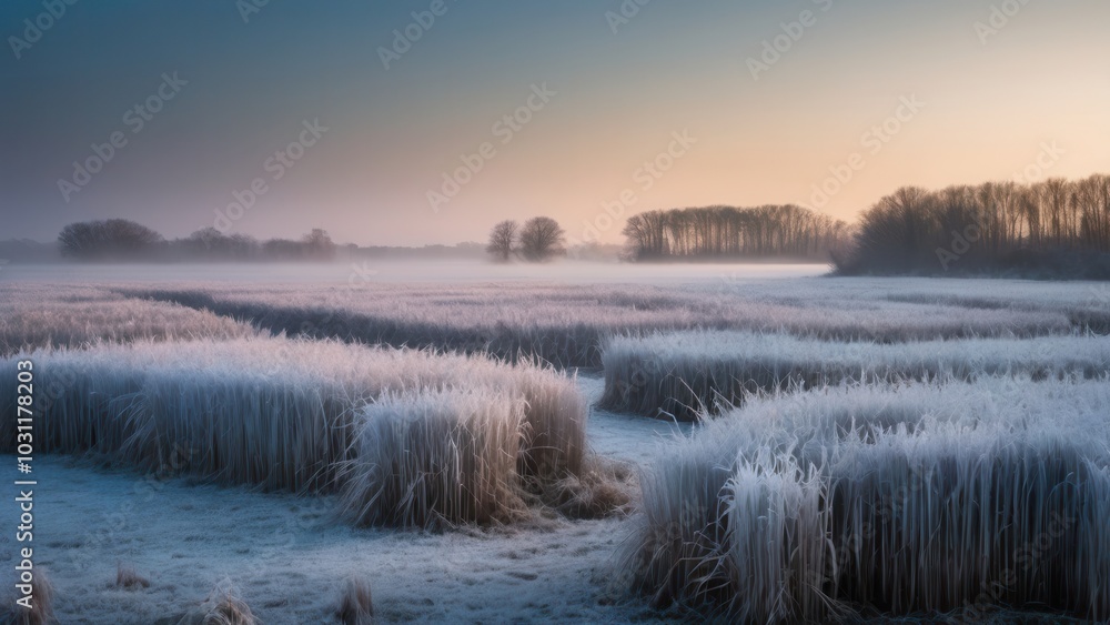 A peaceful Rural winter landscape captures a misty sunrise over a frozen marsh, where frosted grasses rise from the still water. The soft winter light creates a calm and serene atmosphere in this quie A peaceful Rural winter landscape captures a misty sunrise over a frozen marsh, where frosted grasses rise from the still water. The soft winter light creates a calm and serene atmosphere in this quie