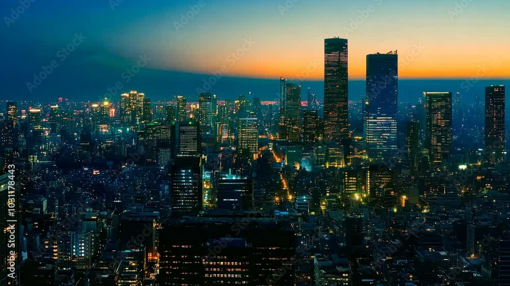 City skyline at sunset with vibrant lights and towering buildings. City skyline at sunset with vibrant lights and towering buildings.