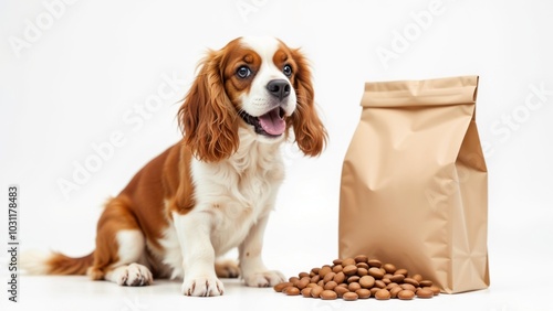 Mock up. A playful Cavalier King Charles Spaniel next to a bag of dog food on a white background